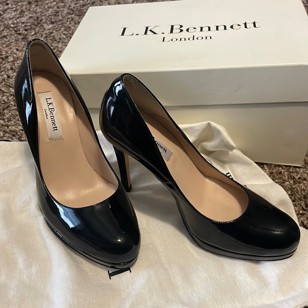 LK Bennet Sledge heels in patent black. Worn once, see photos.